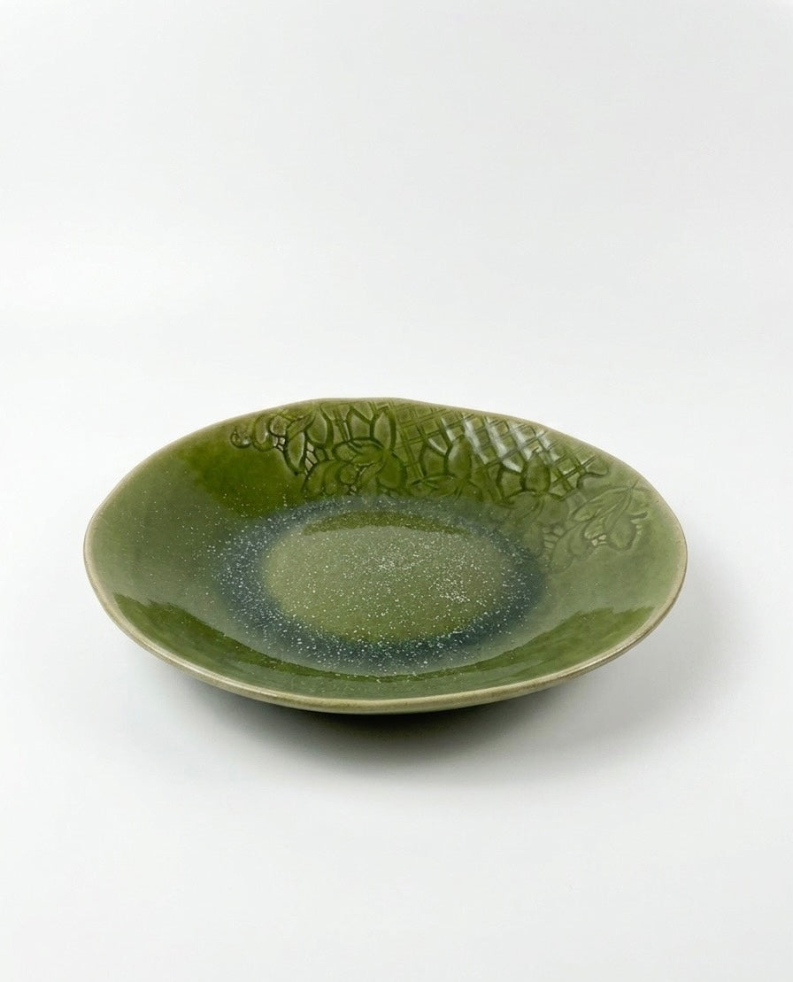 Đĩa ren men xanh ngoc sâu lòng -  26cm